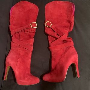 Red suede heeled boots